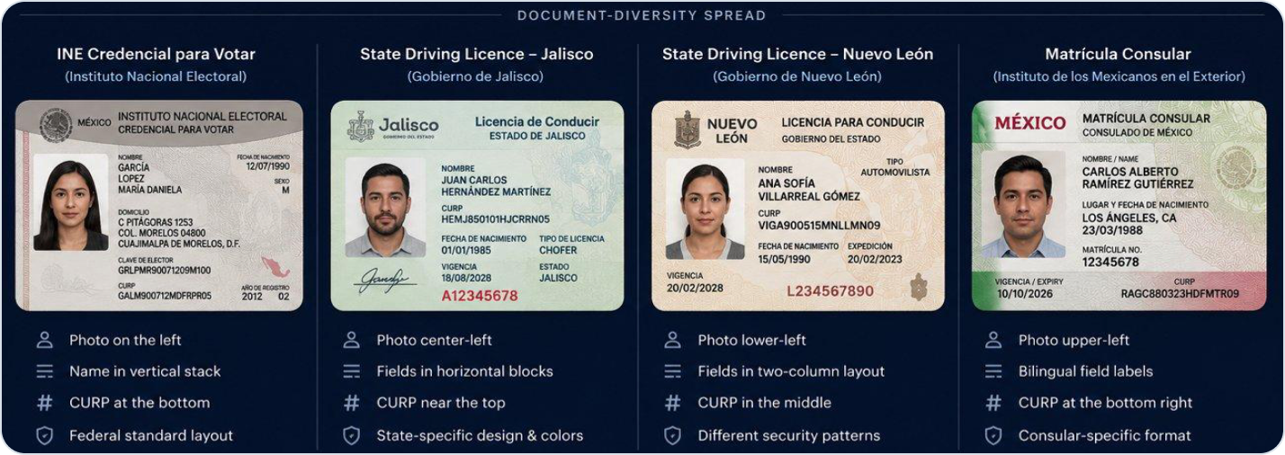 Document-diversity spread: INE, Jalisco and Nuevo León licences, and Matrícula Consular with different field positions.
