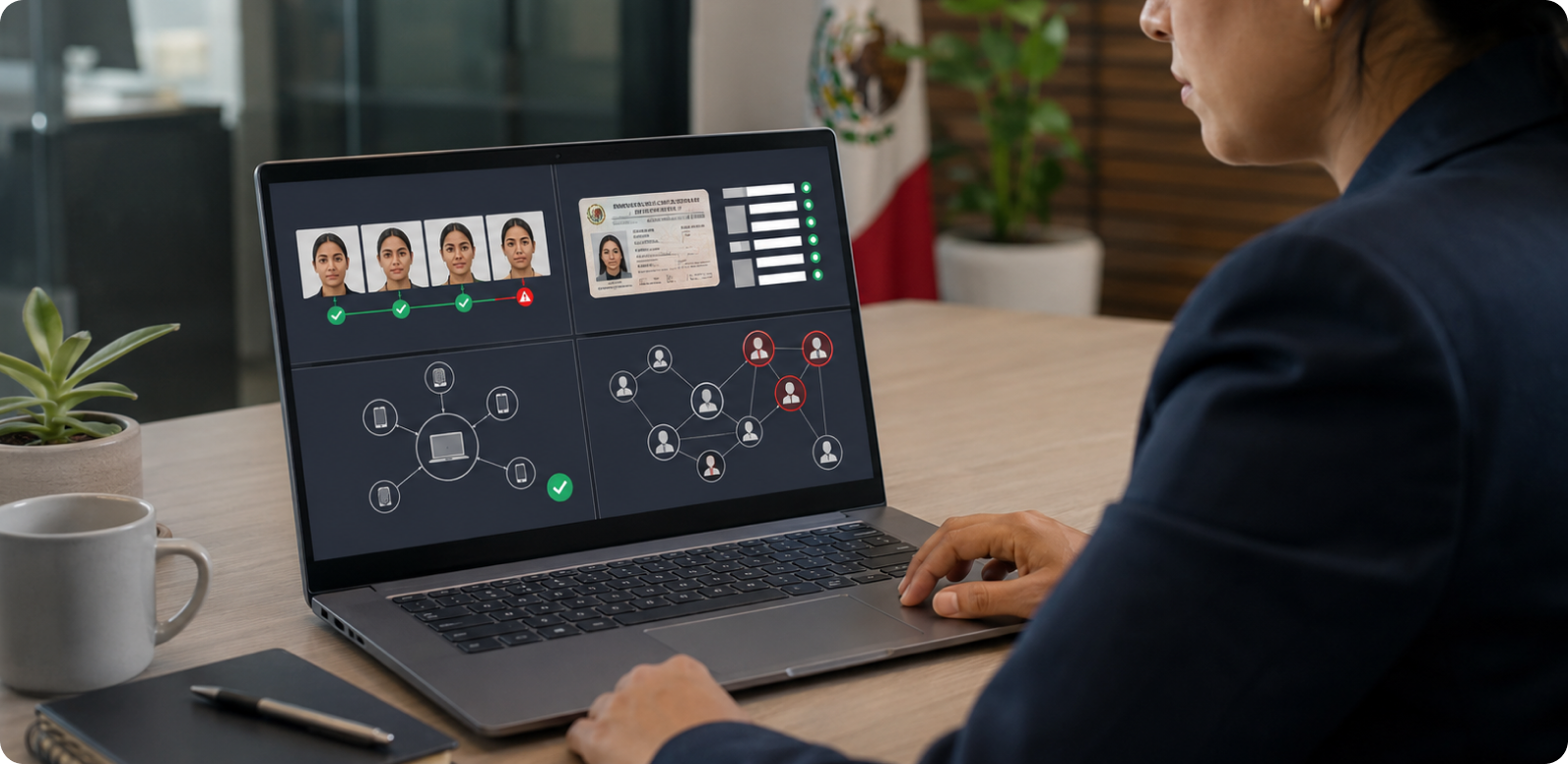 A Mexican lending analyst reviews Shufti's duplicate-detection dashboard: face-match timeline, document check, device graph and a flagged fraud-ring cluster.