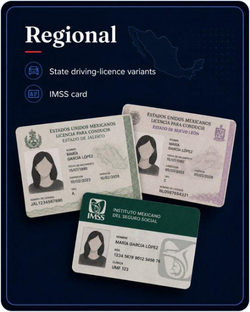 State driving-licence variants (Jalisco, Nuevo León) and IMSS social-security card
