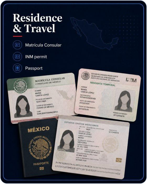 Matrícula Consular, INM residence permit and Mexican passport