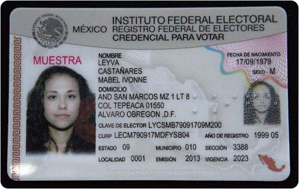 The INE MUESTRA card showing LEYVA CASTAÑARES MABEL IVONNE — compound surname plus given names.