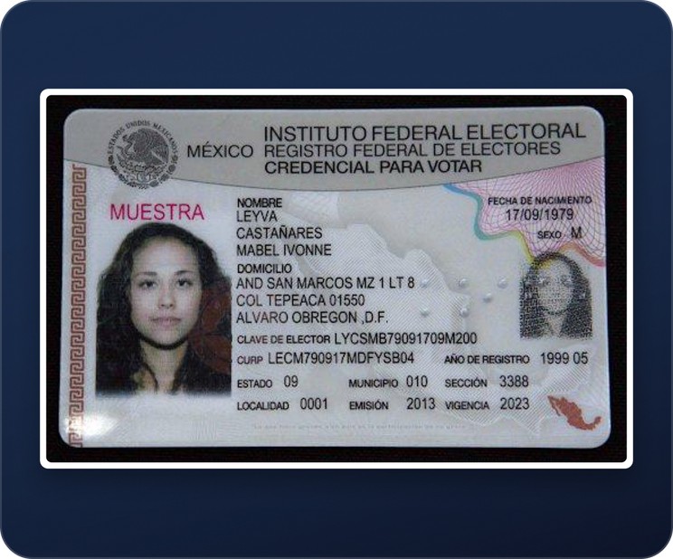 Mexican INE credential specimen, the front of an Instituto Federal Electoral voter card with the portrait, CURP and printed data fields