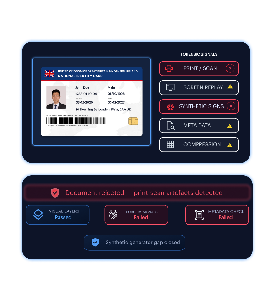 Layered defenses mockup — liveness, face match, and document authenticity signals.