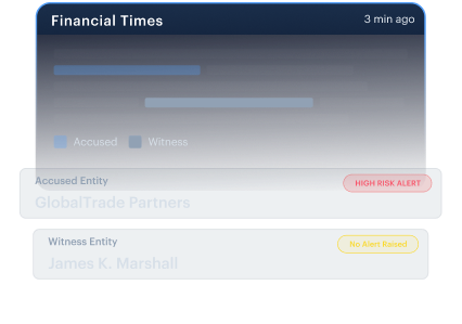 Full-article NLP mockup — Financial Times story with GlobalTrade Partners flagged HIGH RISK ALERT (Accused) and James K. Marshall marked No Alert Raised (Witness).