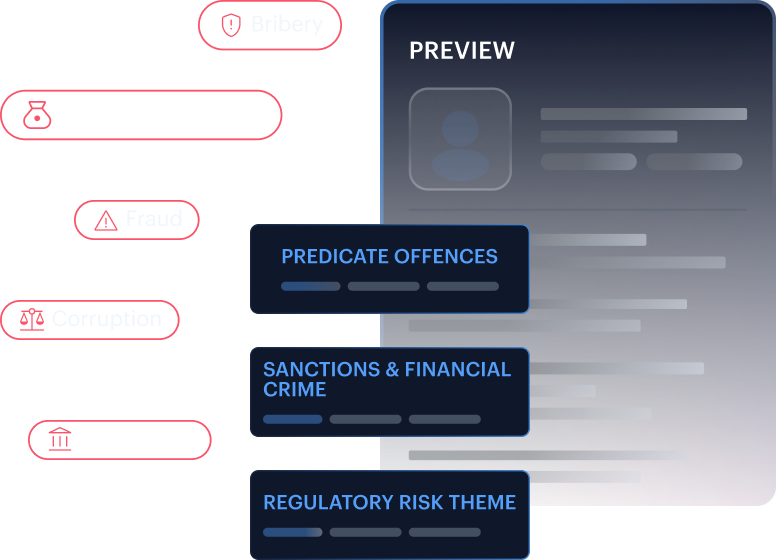 Simulação de alertas alinhados com as normas de AML (Antilavagem de Dinheiro) — Prévia de alertas da James Harrington com as tags Corrupção, Sanções, Tráfico de Drogas e Terrorismo, abrangendo crimes antecedentes e temas de risco regulatório.
