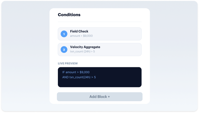 Step 2 Conditions — field, velocity and baseline blocks with a live rule-expression preview