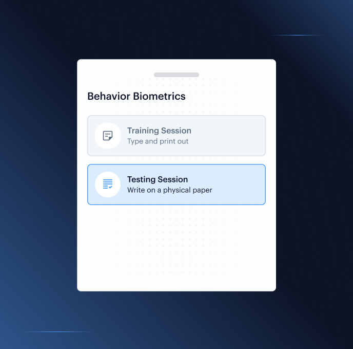 Live Session Scoring card — behavioural confidence score 93/100, keystroke dynamics, pointer trajectory, scroll rhythm, and session timing signals