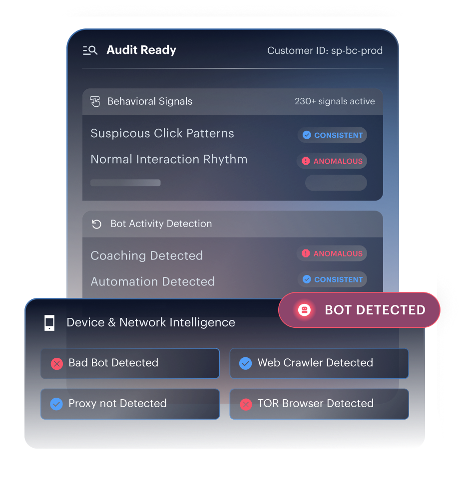 Friction removed mockup — passive verification flow without prompts or challenges.