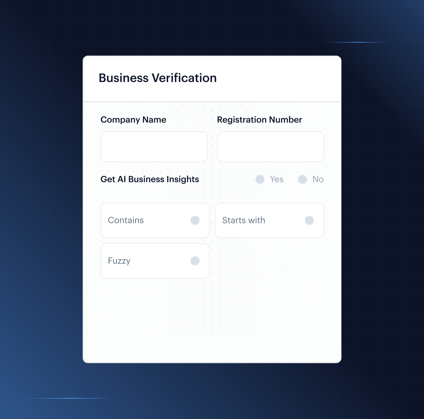 Business Verification — KYB record card showing investor profile, registry-sourced company data, ownership structure, and MLRO review status