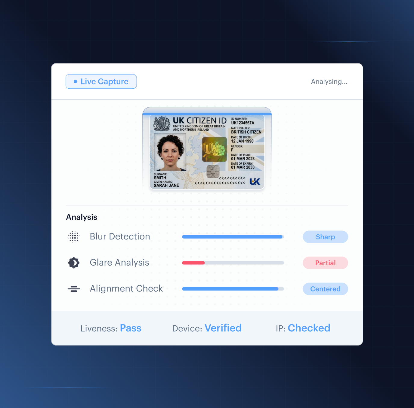 Fraud Hub case review — multi-layer risk signals showing injection attack, device intelligence, document forensics, and biometric liveness correlated in one verification session