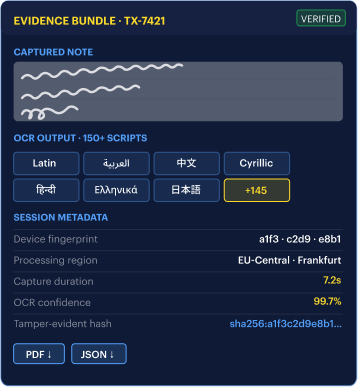 Evidence bundle TX-7421 — captured note, OCR across 150+ scripts, session metadata, and tamper-evident hash, exportable as PDF or JSON.