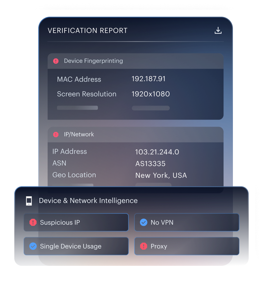 Network Intelligence Report mockup — IP, ASN, routing type and proxy detection for a single event.