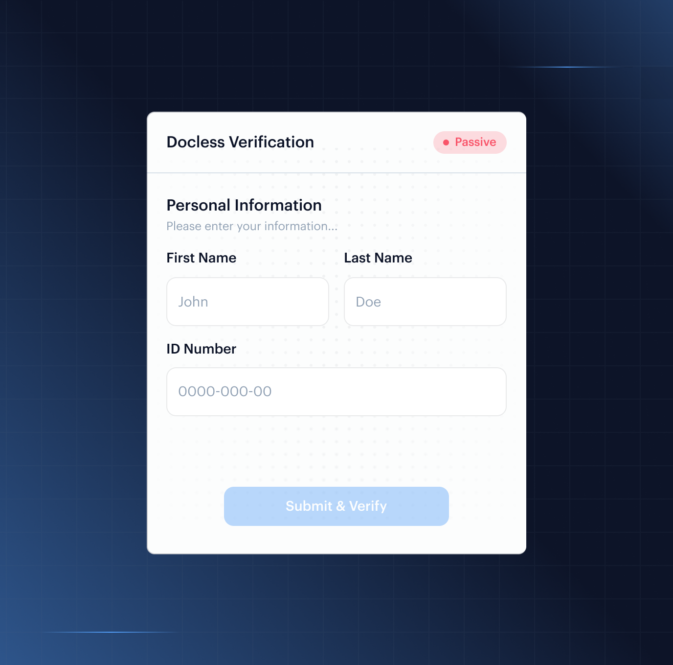 Investor Verification Form mock card — KYI workflow showing investor profile, supporting documents and MLRO review chip.