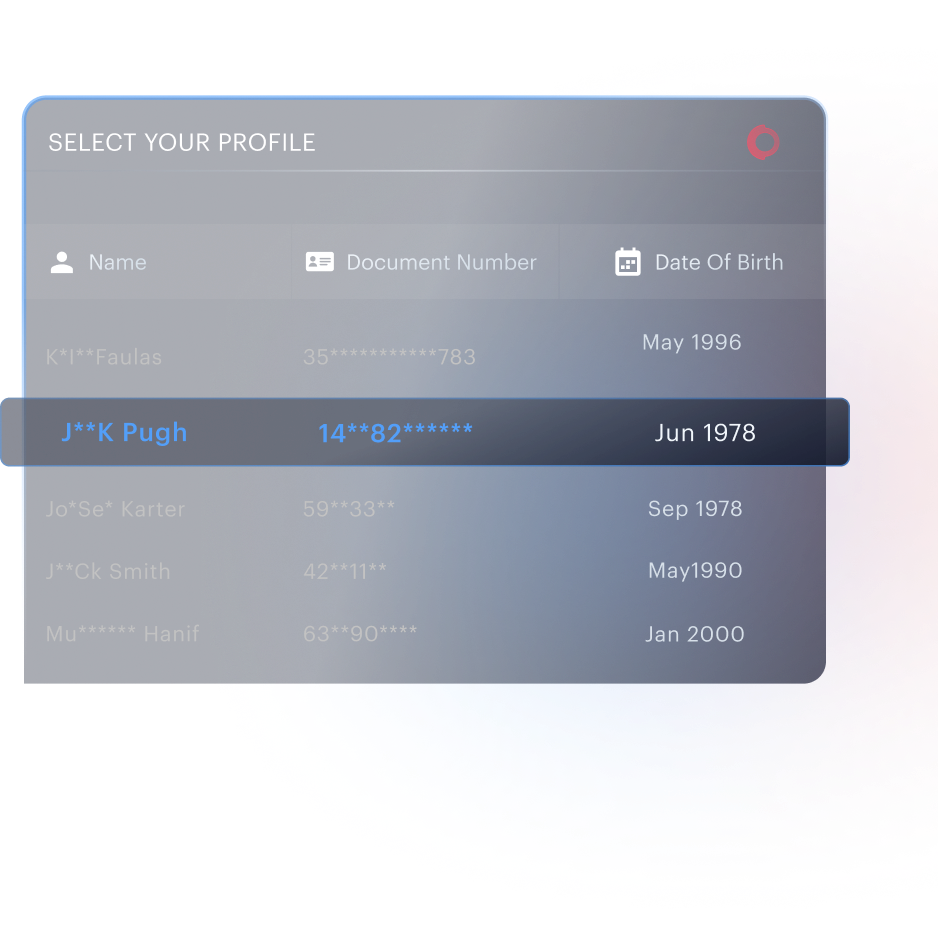 Profile selection screen showing masked identity rows with a CONSENT LOGGED check.