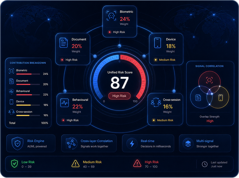 Multi-mode waterfall mockup — connected verification steps with auto-escalation.