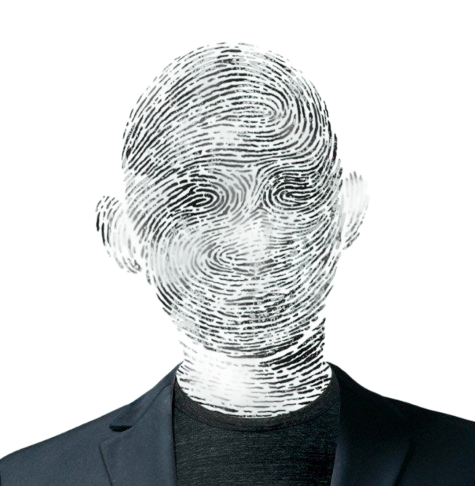 A man whose face is composed of fingerprint patterns, representing digital identity