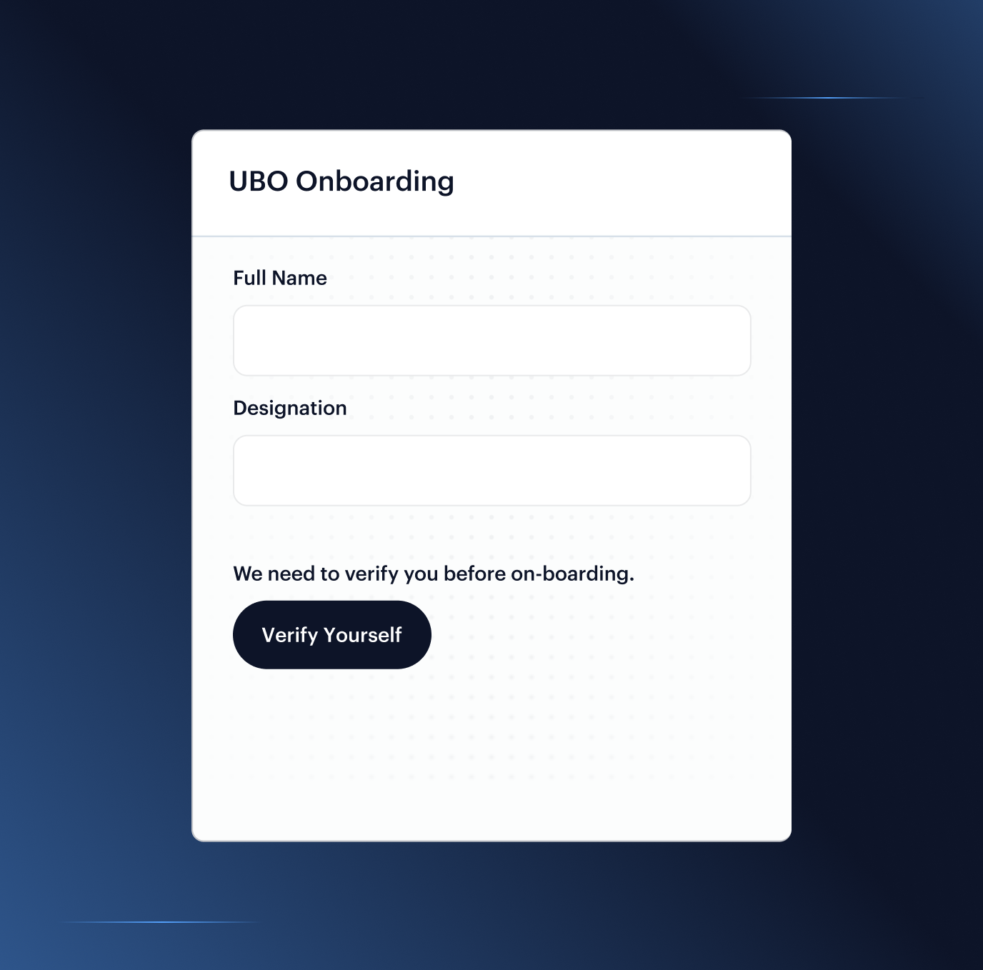 Investor Verification Form mock card — KYI workflow showing investor profile, supporting documents and MLRO review chip.
