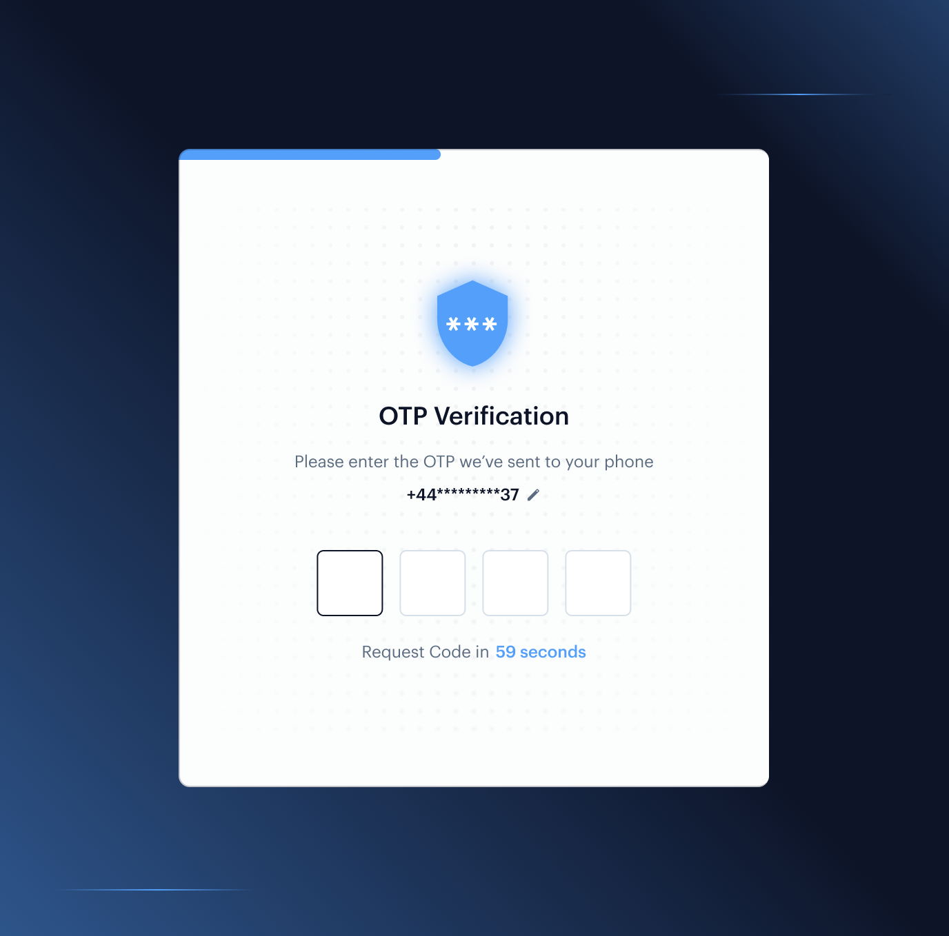 MFA authentication session mock — SMS OTP, biometric step-up, and document re-verification layered together