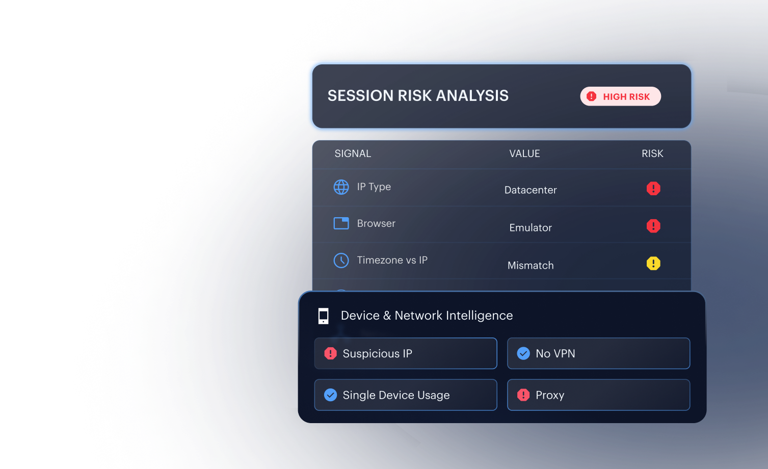 Layered defenses mockup — liveness, face match, and document authenticity signals.