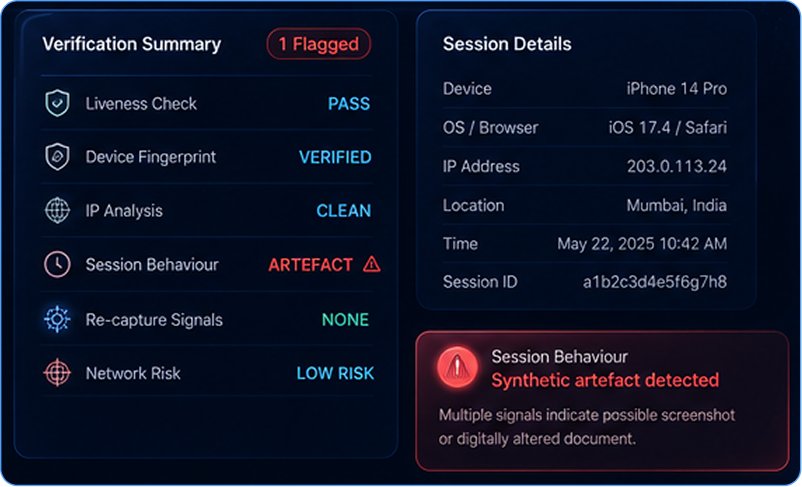 Layered defenses mockup — liveness, face match, and document authenticity signals.
