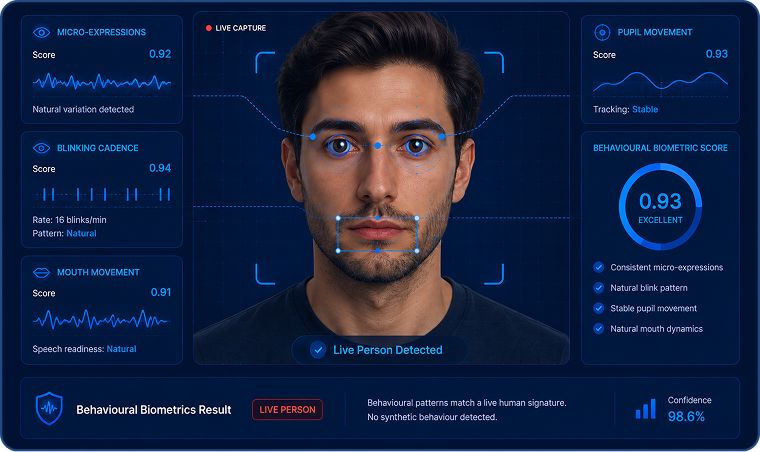 Privacy architecture mockup — on-device biometric processing with GDPR/EDPB alignment.