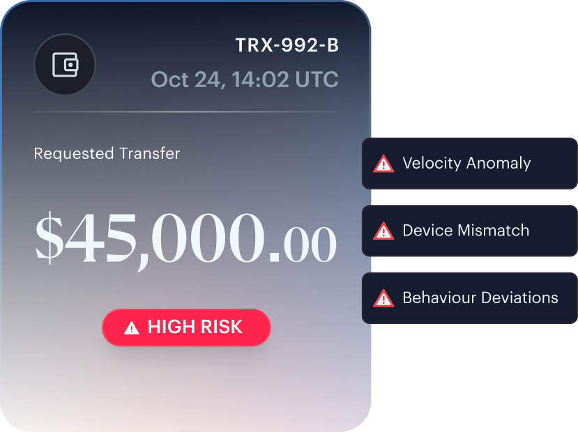 Explainable risk mockup — 1,600+ enriched data points returning a defensible Compliance Risk Score.