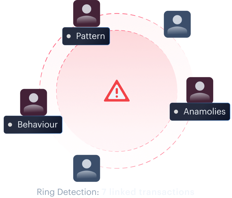 Pattern detection mockup — ring detection across 7 linked accounts plus behavioural baselining.
