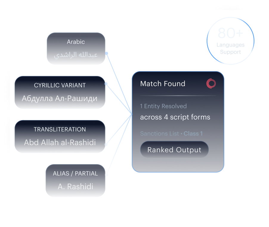 Cross-script matching — Latin, Arabic, Cyrillic, Chinese, Persian inputs ranked into a single result.