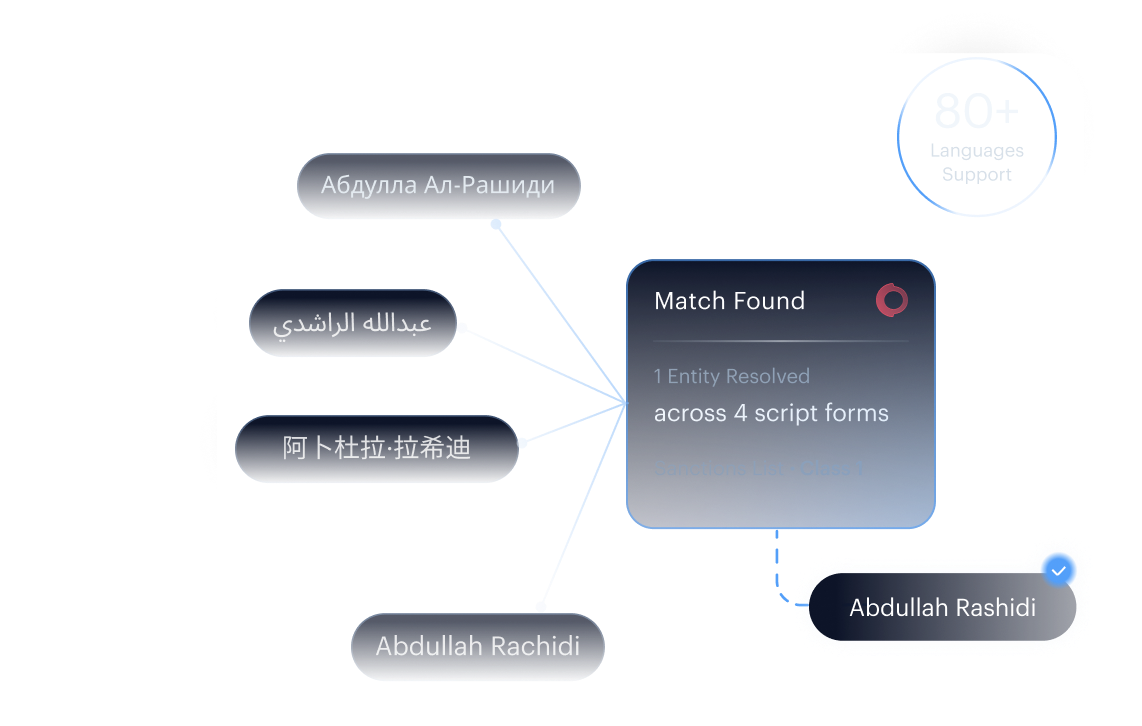 Cross-script matching — Latin, Arabic, Cyrillic, Chinese, Persian inputs ranked into a single result.