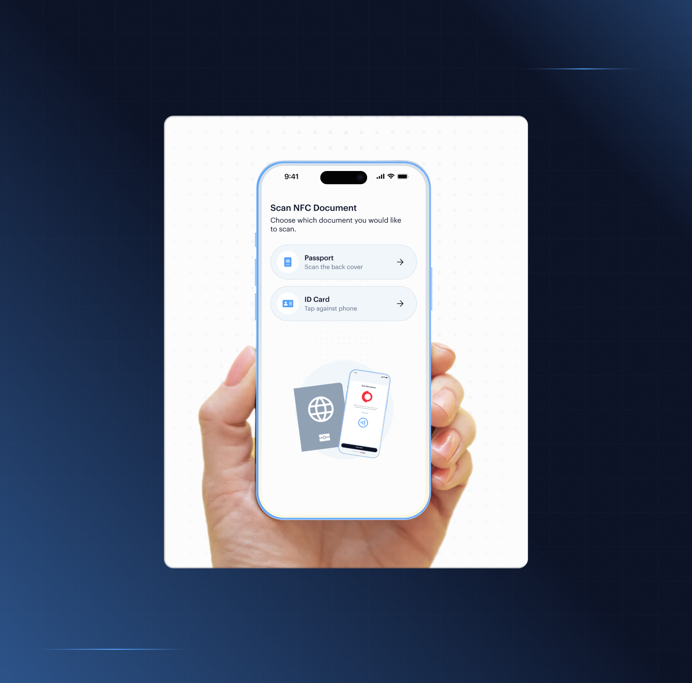 NFC Verification — UK passport mockup with chip-extracted identity data and cross-checking session