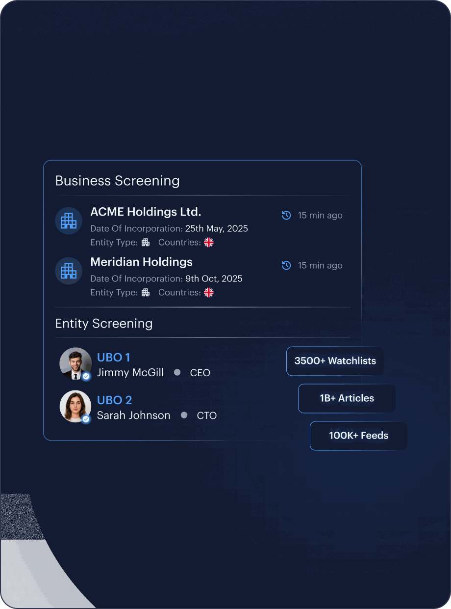 Business AML Screening monitoring interface