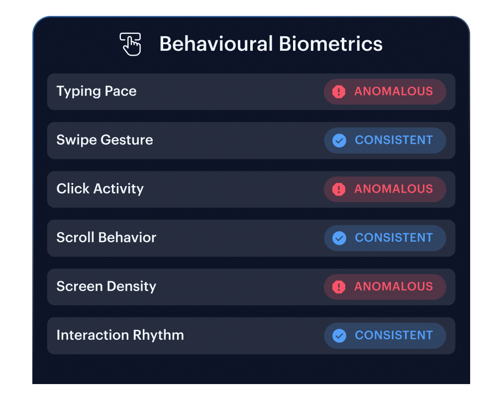 Coached onboarding &mdash; behavioural biometrics catching scripted interaction rhythm, remote-access indicators, and keystroke patterns genuine users do not produce