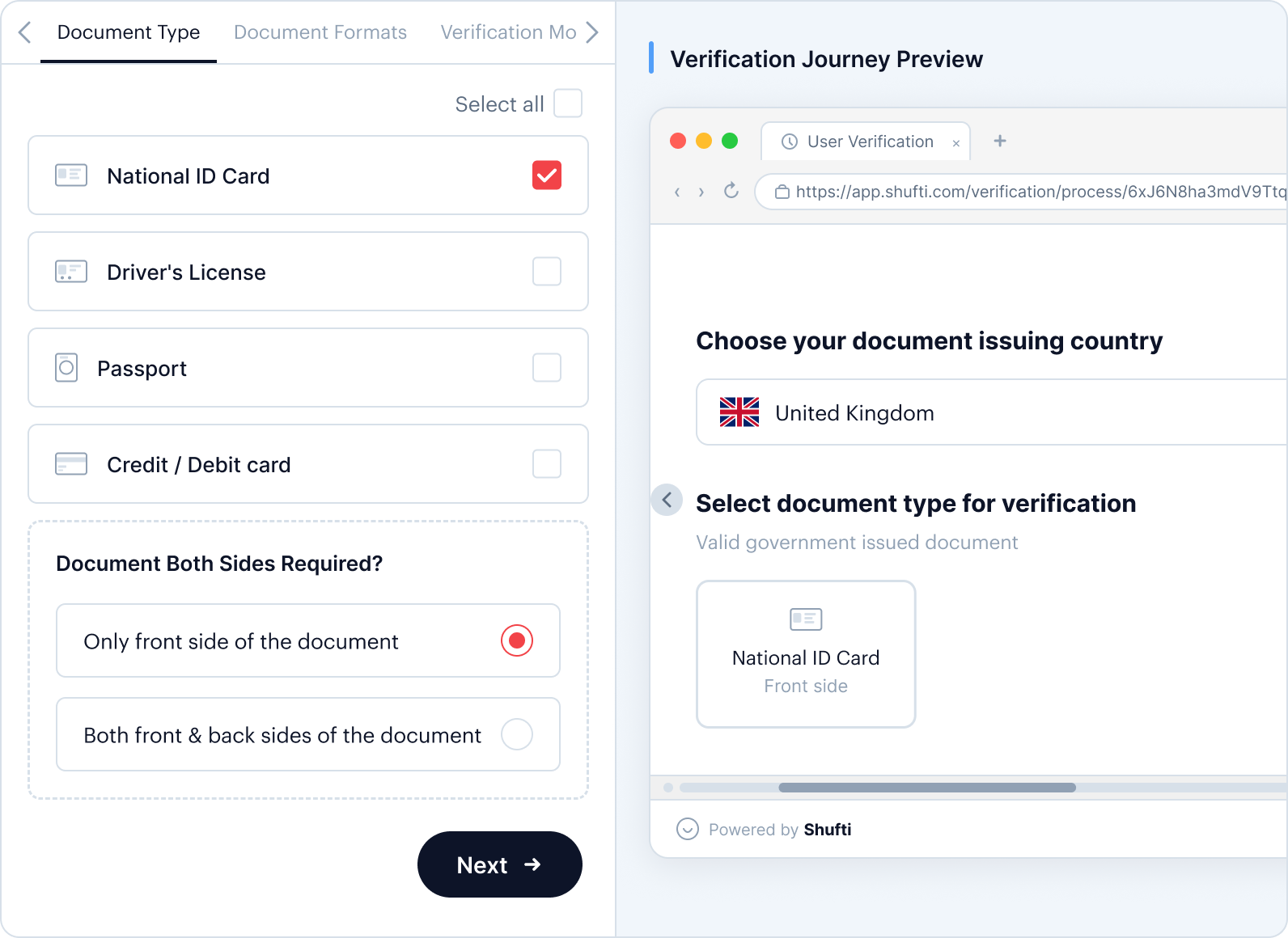 Shufti verification journey preview: document-type configuration with front-face-only capture selected, and a live user-verification flow preview.