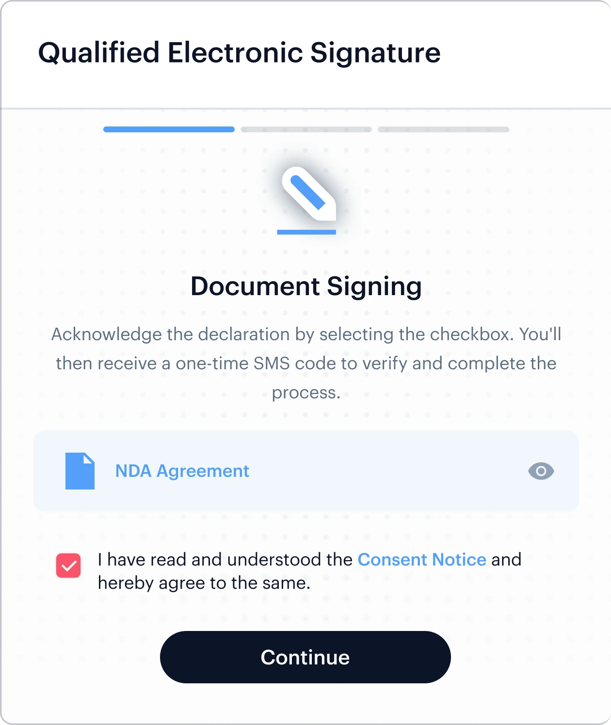 Shufti QES hosted flow — document signing consent: the signer acknowledges the consent notice for an NDA agreement before a one-time SMS code is sent