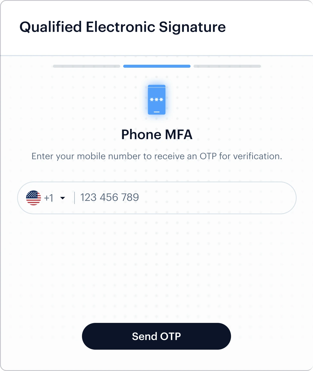 Shufti QES hosted flow — phone multi-factor step: the signer enters a mobile number to receive a one-time passcode