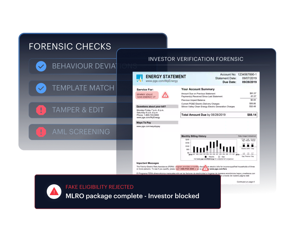 Investor Fraud, Fake Eligibility & False Documents &mdash; forensic checks flag tamper and edit on a submitted document and the MLRO package blocks the investor