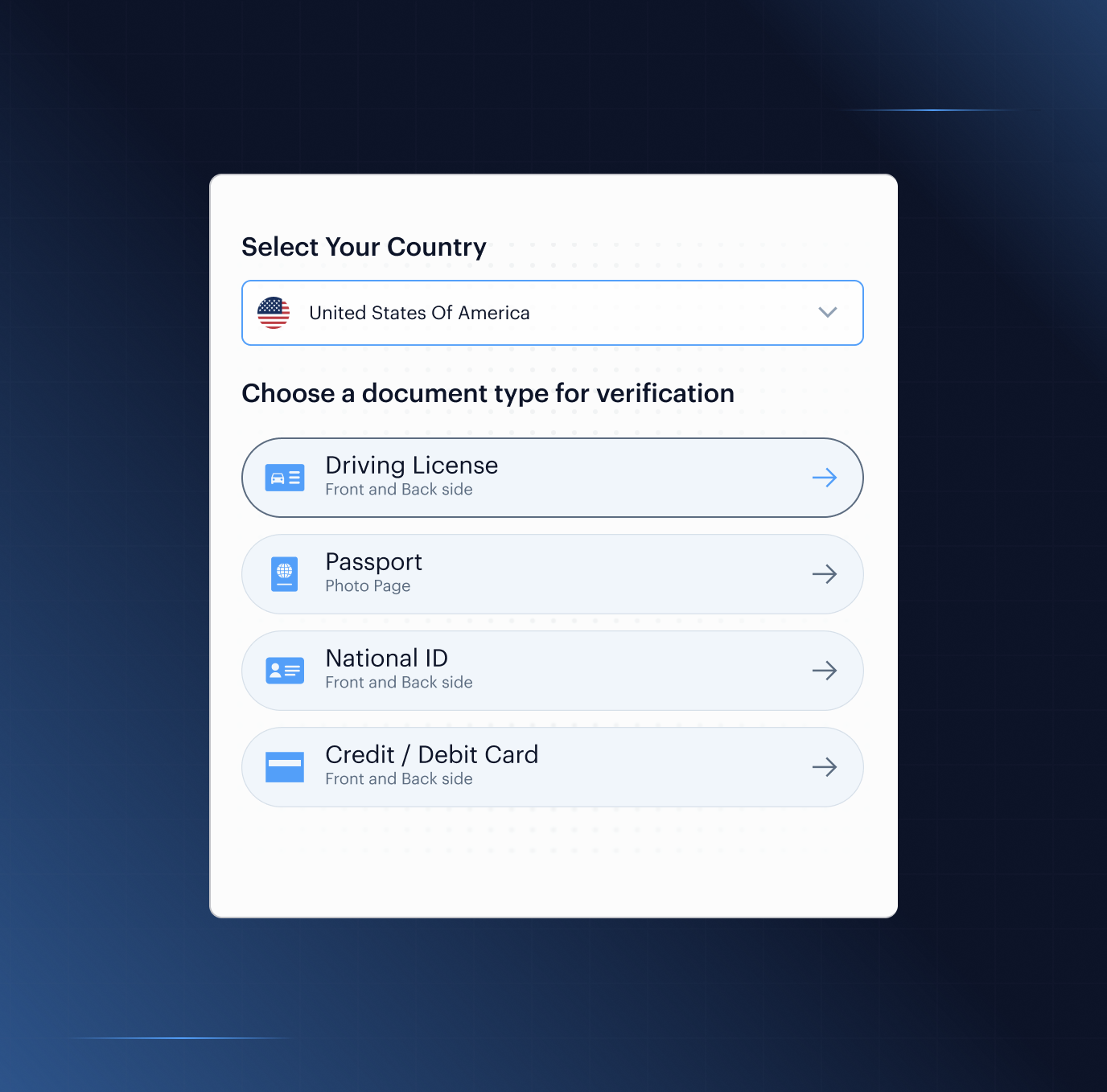 Shufti document-type selection for ride-hailing driver verification — driving license, passport, national ID and credit/debit card