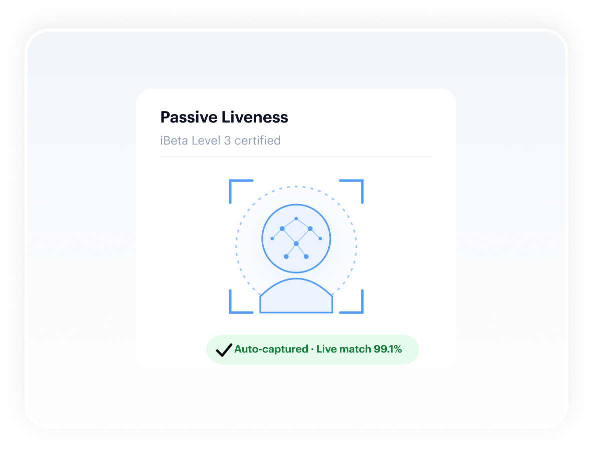 Passive liveness — single-selfie capture, iBeta Level 3 certified, live match 99.1%