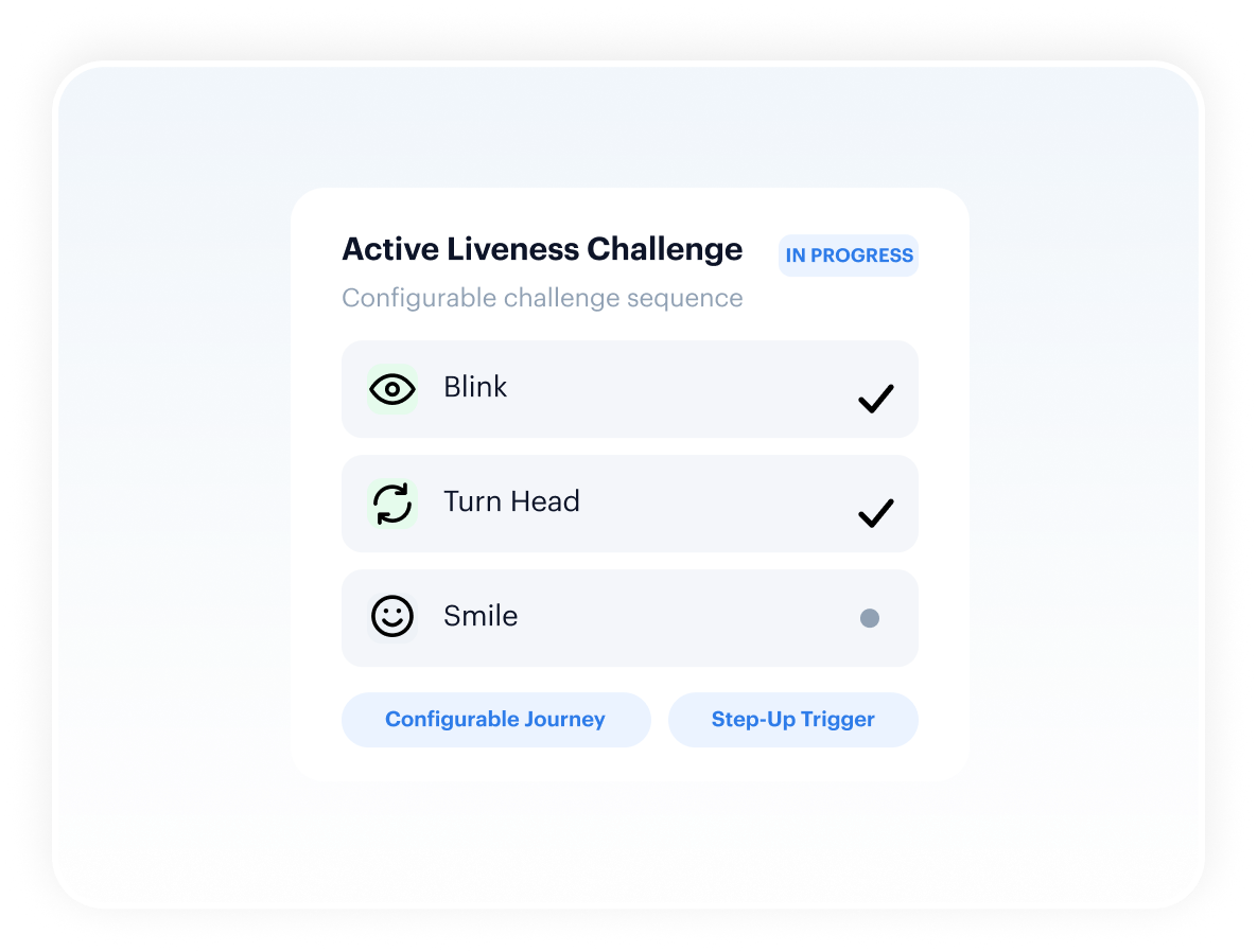 Active liveness challenge — configurable blink, turn head and smile sequence