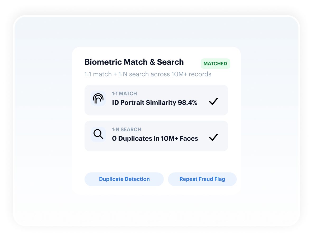 Biometric matching and search — 1:1 ID portrait match and 1:N duplicate search