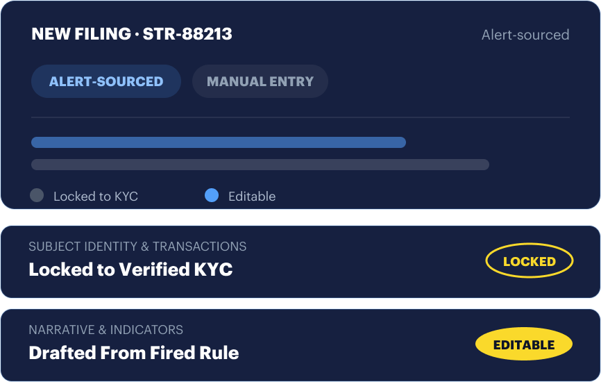 New filing STR-88213: alert-sourced subject identity and transactions locked to verified KYC, while the narrative drafted from the fired rule stays editable.