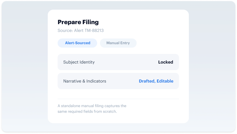 Prepare filing — subject identity locked, narrative drafted and editable