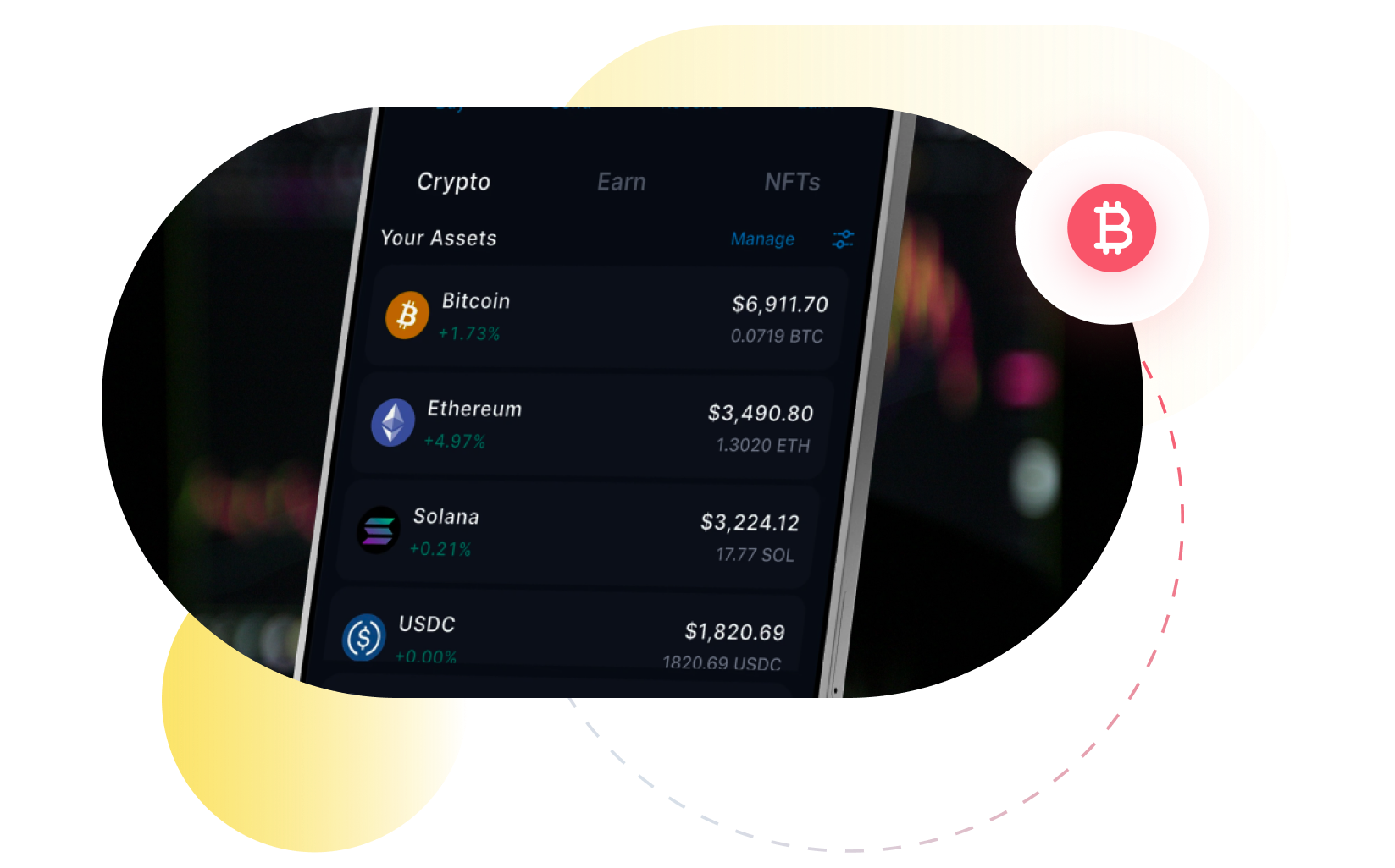 Crypto exchange app showing a portfolio of Bitcoin, Ethereum, Solana and USDC assets