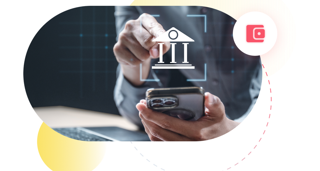A payments professional confirming a transaction on a phone with a bank icon overlay