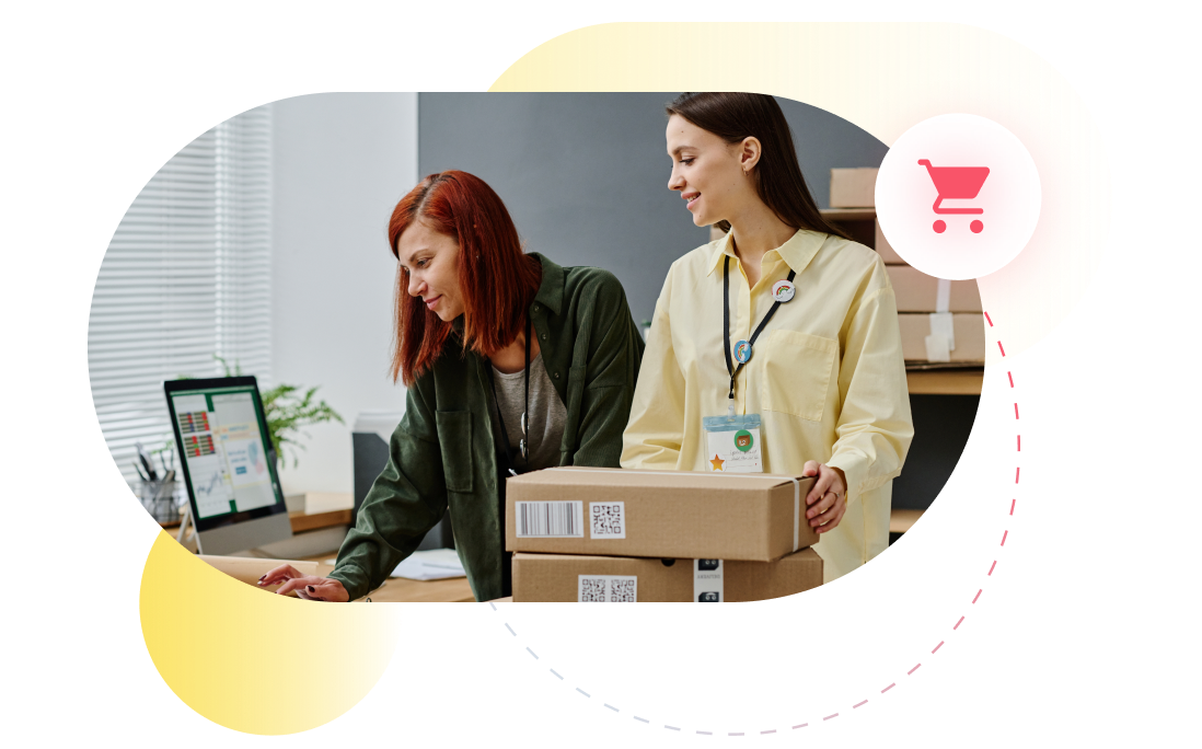 Marketplace AML monitoring scene — seller and operator reviewing shipments with shopping-cart marker