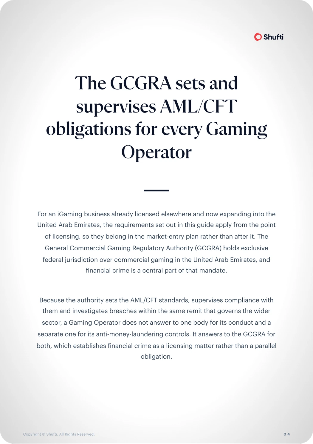 UAE commercial gaming guide &mdash; the GCGRA sets and supervises AML/CFT obligations for every Gaming Operator