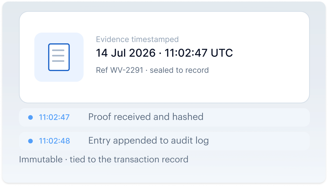 Log — evidence timestamped and appended to an immutable audit log