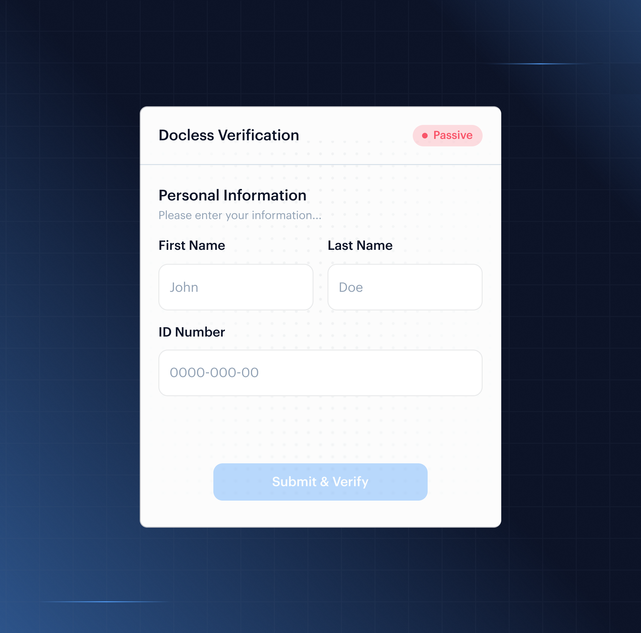 Docless VideoIdent onboarding mockup — passive personal-information capture then submit and verify