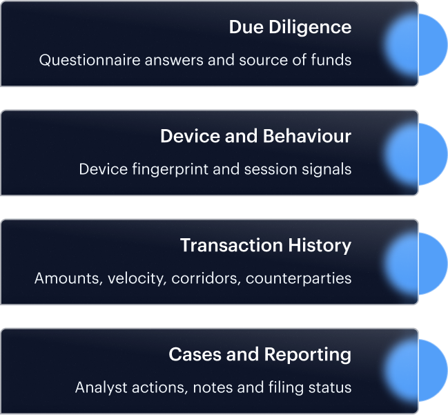 Ongoing risk evidence feeding the customer record: Due Diligence — Questionnaire answers and source of funds; Device and Behaviour — Device fingerprint and session signals; Transaction History — Amounts, velocity, corridors, counterparties; Cases and Reporting — Analyst actions, notes and filing status.