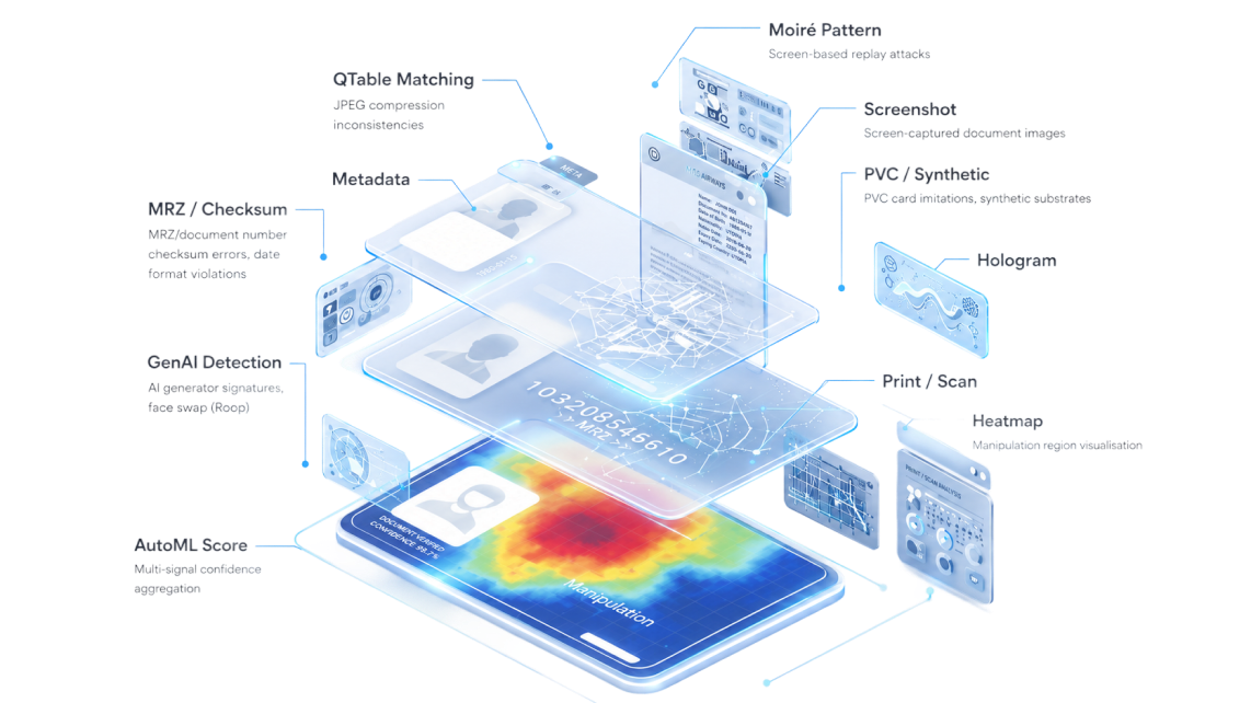 Isometric illustration of the document authenticity pipeline: Moiré pattern, screenshot, PVC/synthetic, hologram, print/scan, heatmap, QTable matching, metadata, MRZ checksum, GenAI detection and AutoML scoring layers.
